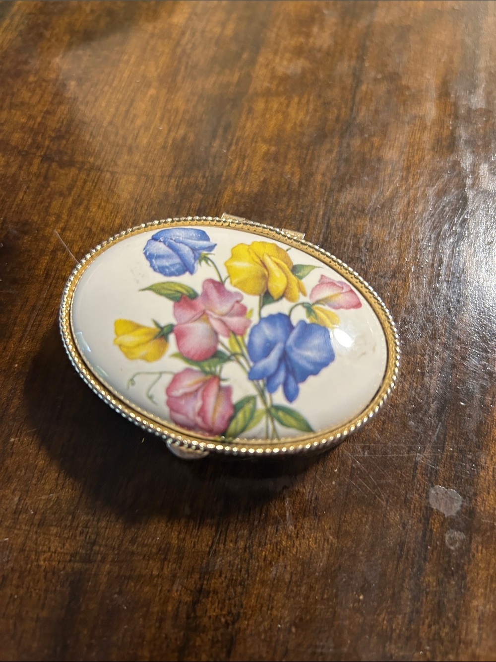 Floral Porcelain Oval Trinket Box Gold